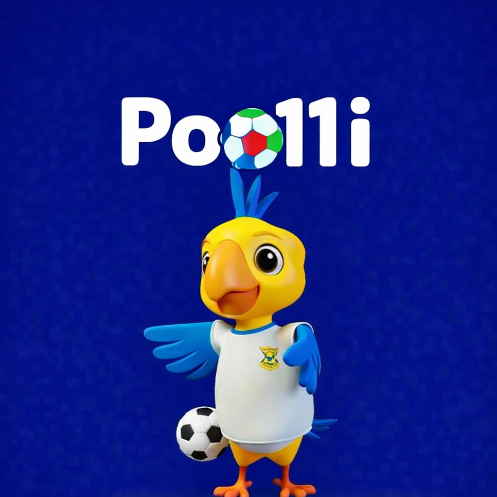 Mascota original de Poolli con camiseta blanca y balon de futbol